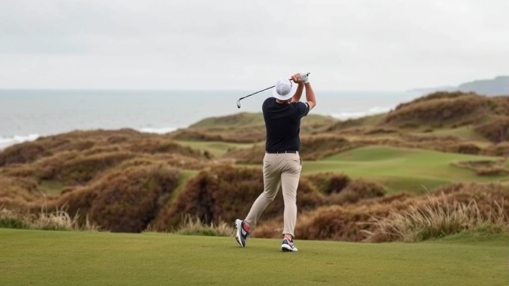 Golfer mid-swing on dramatic Irish coastal links course with rolling dunes and Atlantic Ocean in background, overcast sky, natural landscape, professional golfer in action
