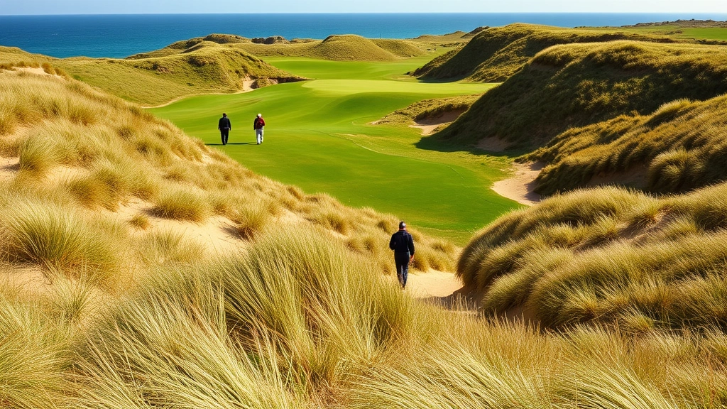 Group of golfers walking through natural sand dunes on Irish links course, lush green fairways winding through rough terrain, Atlantic Ocean visible in distance, authentic golfing experience with natural landscape