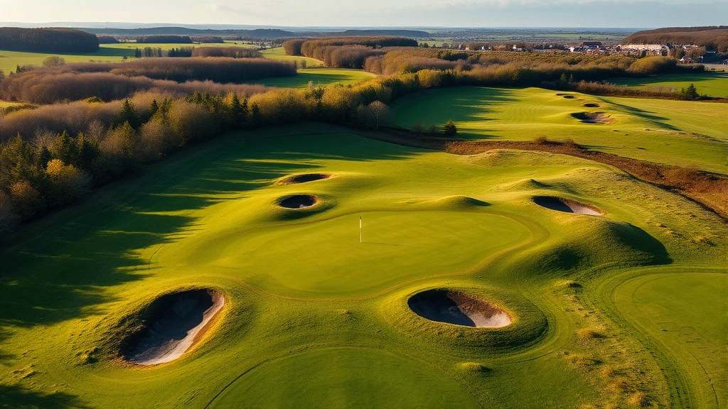 Aerial view of manicured Irish golf course fairway with bunkers, undulating terrain, lush green grass, surrounding woodland and countryside visible, clear day with shadows
