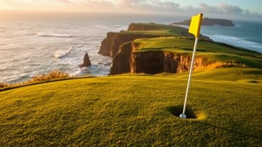 Close-up of golf green on dramatic clifftop overlooking Irish coastline, flagstick in cup, ocean waves below, golden hour lighting, natural links course aesthetic with no visible text or markers