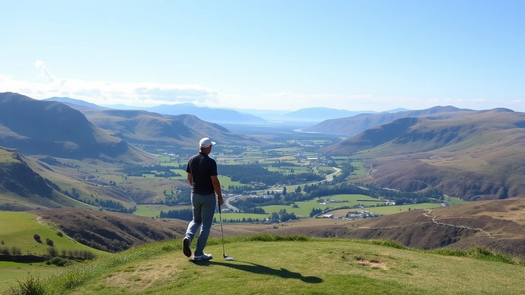 Golfer standing on elevated tee box overlooking expansive valley and mountains, Irish countryside landscape, dramatic terrain elevation changes, scenic golf course routing through natural landscape