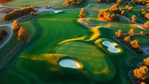 Aerial view of a well-maintained 18-hole golf course with manicured fairways, pristine greens, and strategic bunker placement, surrounded by natural landscaping and trees during golden hour sunlight