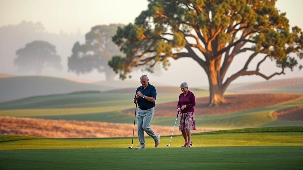 Mature golfers in vintage attire playing on a scenic Northern California golf course with rolling fairways and mature oak trees in misty morning light