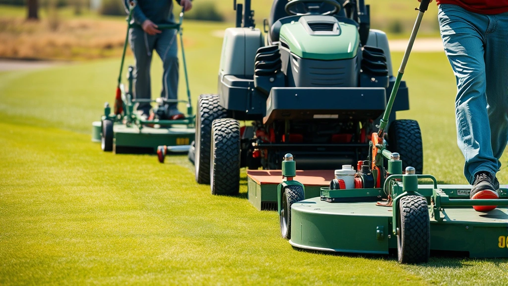 Close-up of a professional golf course maintenance crew operating modern equipment on a lush green fairway, with specialized mowing machinery visible, demonstrating daily turf care operations