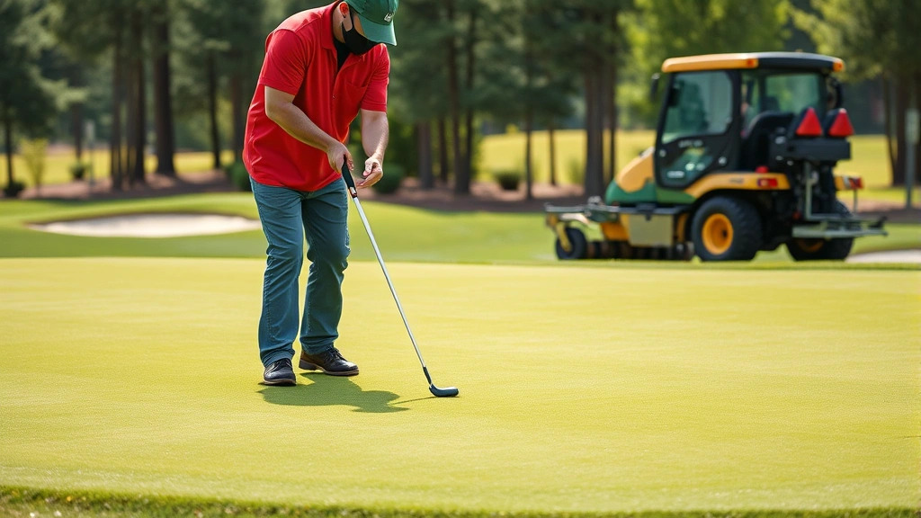 Professional groundskeeper maintaining pristine putting green with detailed care, showing precise turf management and course maintenance equipment in action