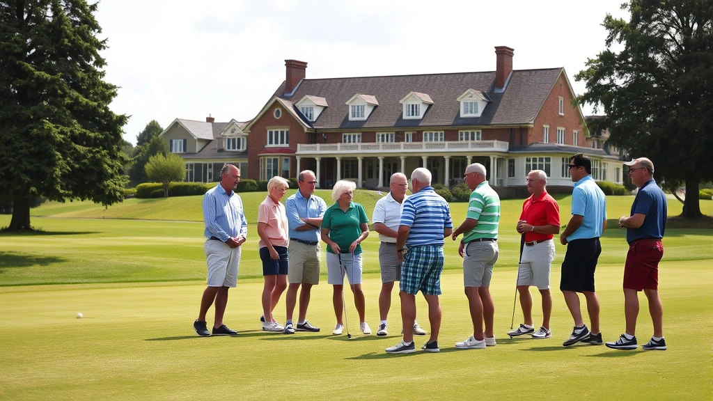 Diverse group of golfers enjoying social round on historic course with clubhouse visible in background, showing community gathering and recreational golf culture