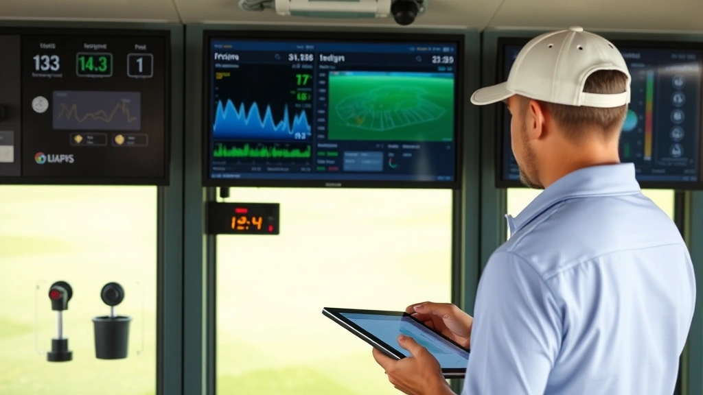 Golf course manager using tablet technology near irrigation control station, monitoring smart irrigation systems with soil moisture sensors and weather data displayed on screen, showing modern course management technology
