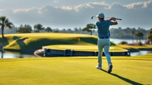 Professional golfer mid-swing on manicured fairway with elevated green and water hazard in background, morning sunlight creating defined shadows, realistic golf course landscape