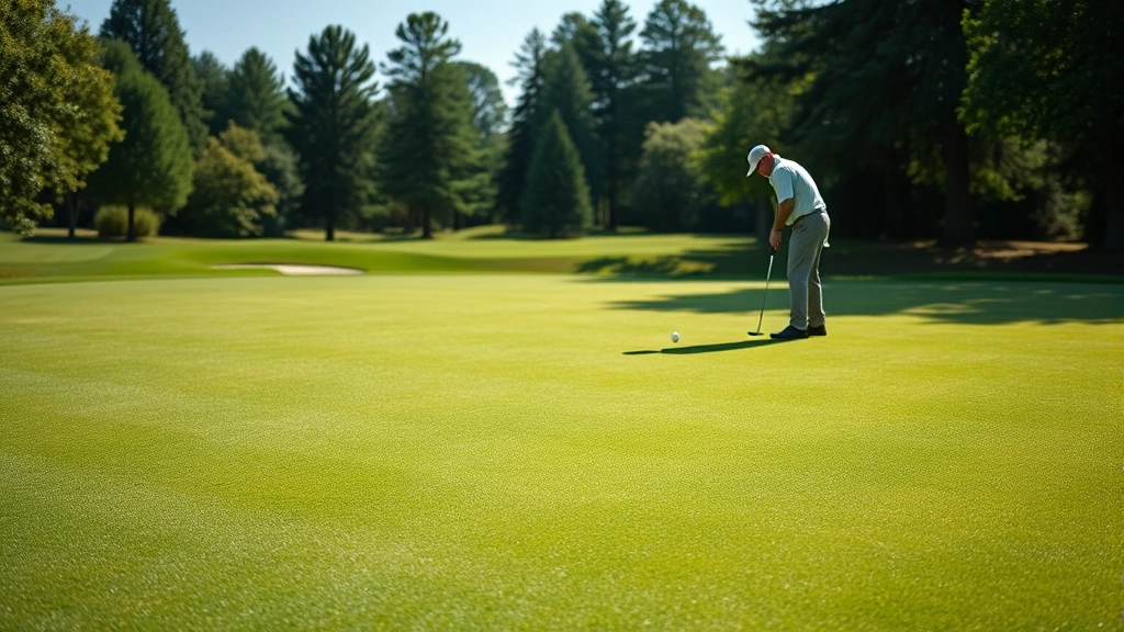 Immaculate putting green with subtle contours, golfer reading green from multiple angles, lush grass texture clearly visible, natural lighting showing green undulation and professional maintenance