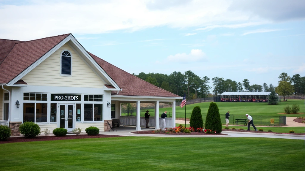 Golf course clubhouse exterior with pro shop windows, well-maintained practice range in background showing golfers warming up, landscaped grounds with trees, professional facility atmosphere