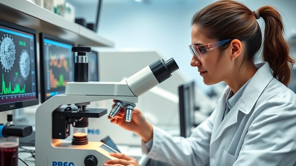 Graduate student in modern biomedical laboratory carefully examining microscope slides, wearing white lab coat and safety glasses, surrounded by advanced laboratory equipment and monitors displaying biological data