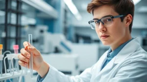 Young scientist in modern laboratory conducting molecular biology research with pipettes and test tubes, focused expression, professional attire, advanced equipment visible in background
