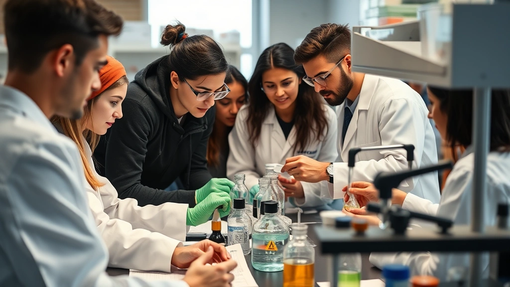Diverse group of postgraduate biomedical science students collaborating around laboratory bench, analyzing cell cultures and experimental results, engaged in focused scientific discussion and research