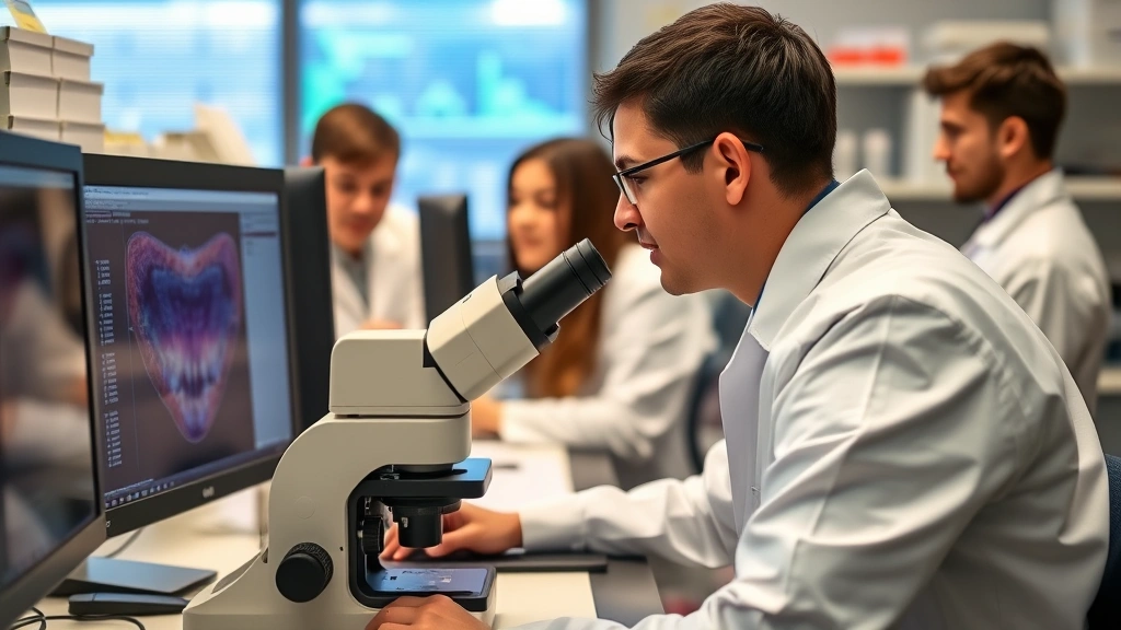 Graduate student working with advanced microscope and computer workstation, analyzing biomedical research data, collaborative laboratory environment with colleagues in background