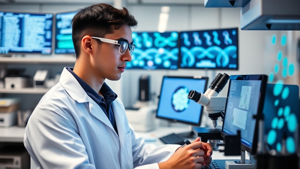 Young biomedical researcher in state-of-the-art laboratory facility using sophisticated equipment for genetic analysis, with screens showing DNA sequences and molecular structures in background