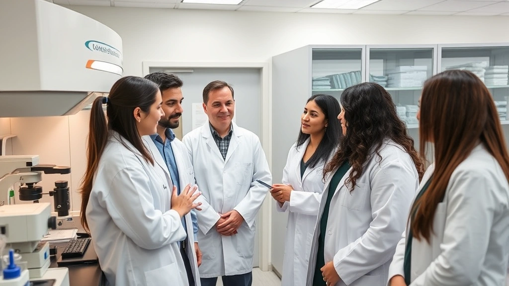Research team in biomedical laboratory discussing results near sophisticated equipment, diverse group showing collaboration and mentorship in modern science facility