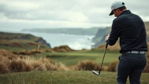 Golfer in professional stance preparing to hit shot on links golf course with dramatic dunes and coastal landscape in background, overcast sky, wind visible in grass movement