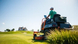 Professional golf course superintendent operating GPS-guided mowing equipment on a manicured fairway, with a clubhouse visible in the distant background under sunny skies