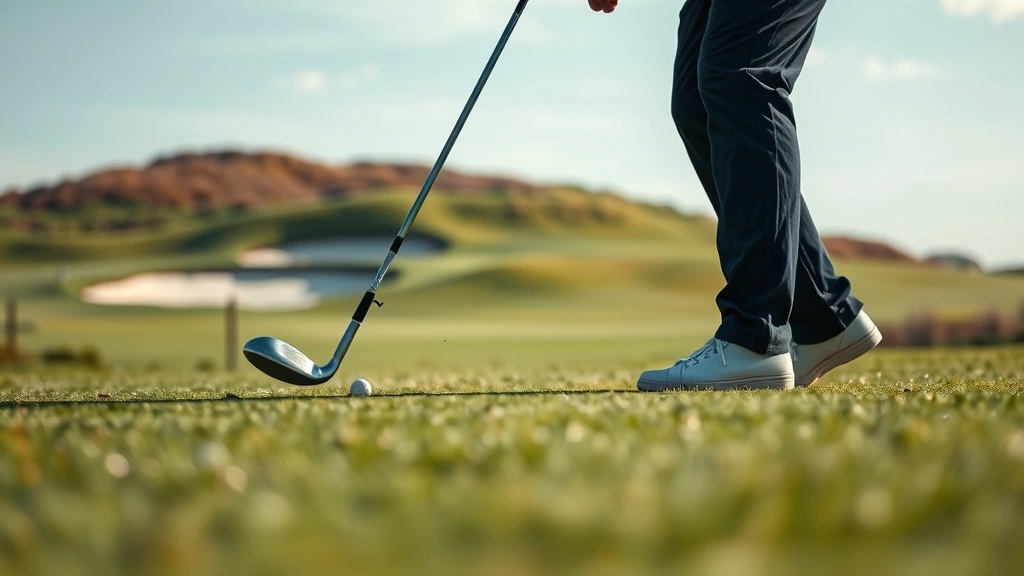 Close-up of golfer executing low-trajectory wind shot on firm links turf with bunkers visible in distance, focused concentration on golfer's face, natural lighting