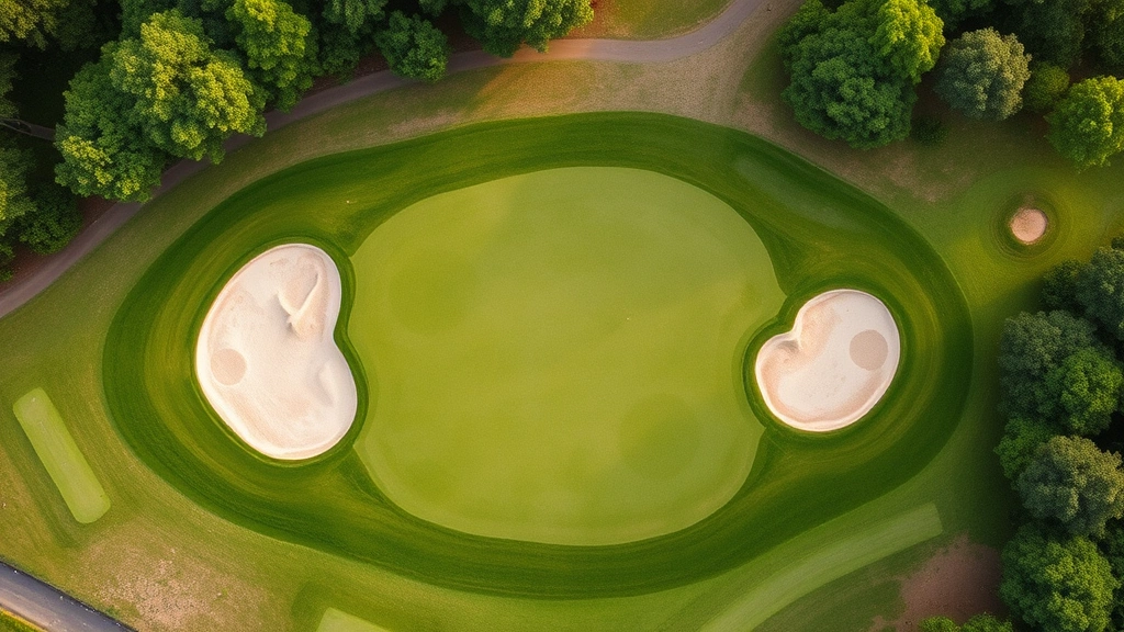 Aerial view of a well-maintained golf hole showing vibrant green turf, strategically positioned bunkers with raked sand, and mature trees framing the course layout