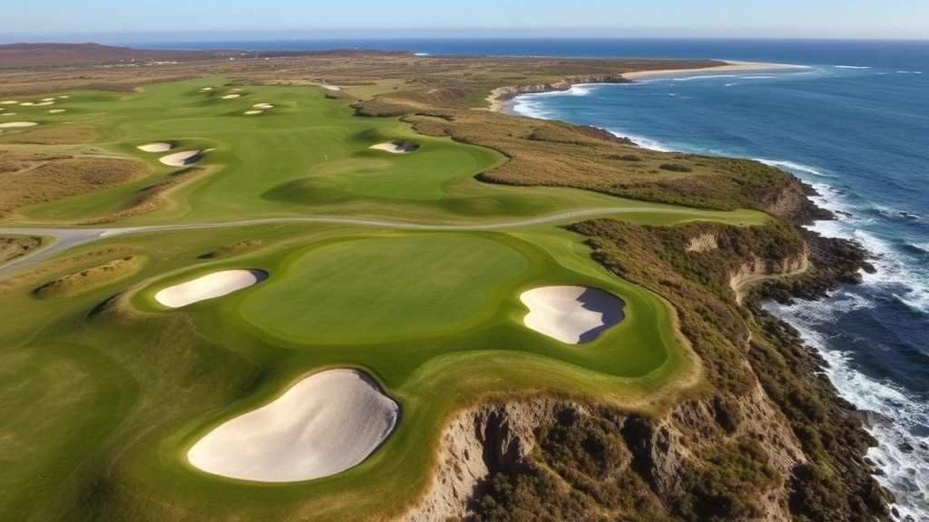 Wide aerial view of championship golf course hole with strategic bunkering, elevated green, fairway routing visible, coastal dunes in background, professional course conditioning evident