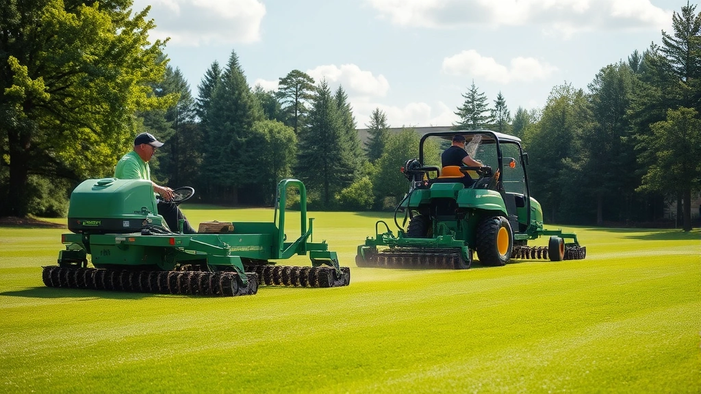 Golf course maintenance crew performing green aeration work with specialized equipment, showing healthy turf and professional conditioning practices in action