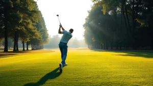 Golfer mid-swing on lush fairway with trees lining both sides, morning sunlight filtering through, realistic grass texture and natural landscape