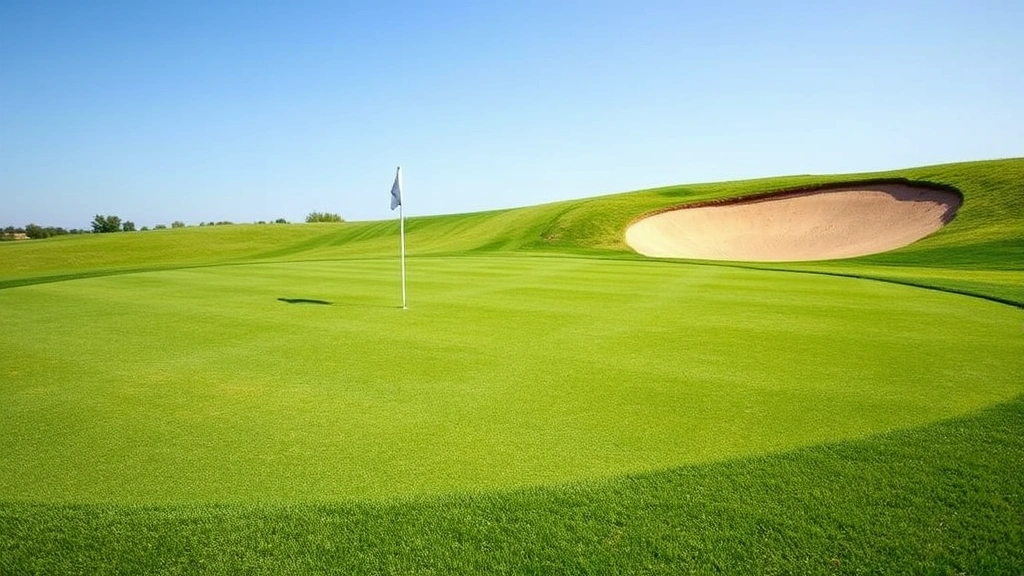 Pristine golf green with sand bunker nearby, manicured putting surface under clear sky, realistic turf maintenance and course design elements visible