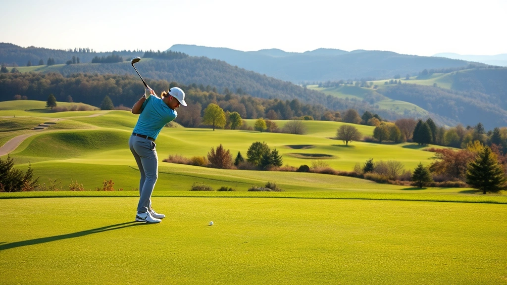 Golfer in putting stance on a lush green with manicured fairways in background, morning sunlight, natural Tennessee landscape with rolling hills