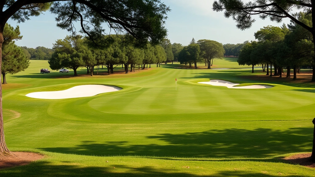 Wide view of golf hole with strategic bunkers, green fairway, and trees framing the course under natural daylight