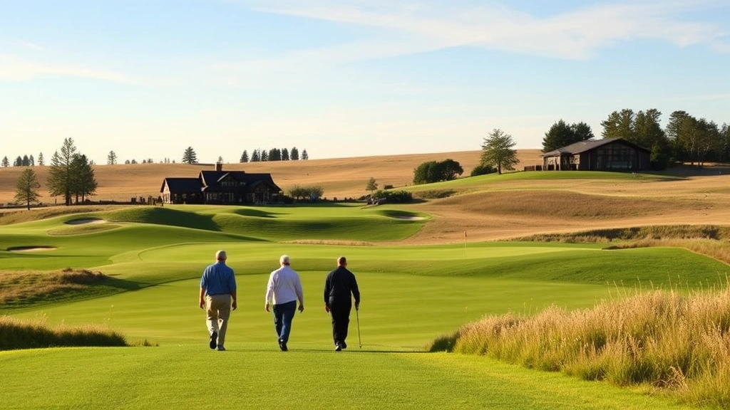 Group of golfers walking fairway toward green with clubhouse and practice facilities visible in distance, scenic setting