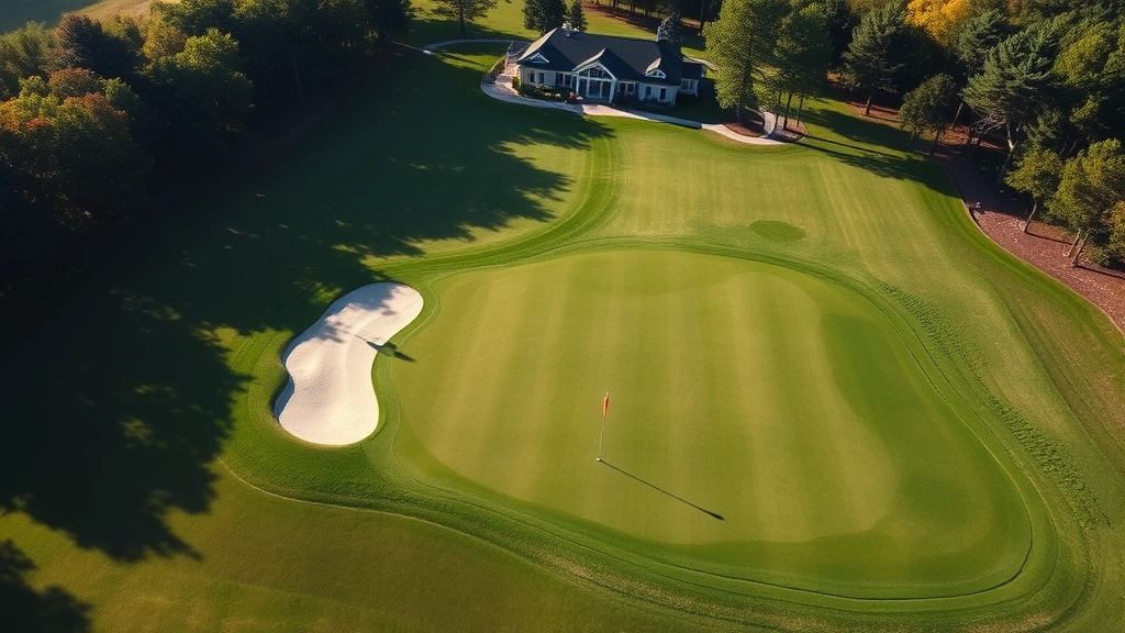 Aerial view of championship golf course hole featuring perfectly maintained fairway, strategic bunker placement, and lush green with clubhouse structure visible
