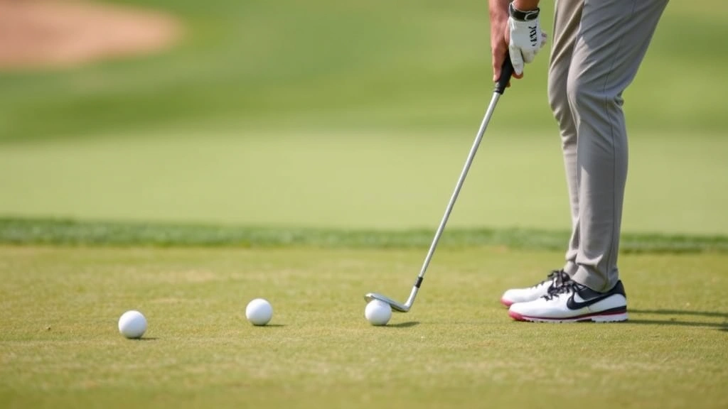 Golfer practicing short game near green with multiple golf balls scattered on grass, chipping technique demonstration, focused concentration on shot execution