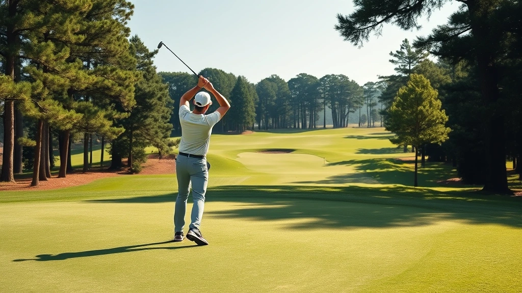 Golfer celebrating successful putt on perfectly conditioned green with distant fairway and trees creating natural frame