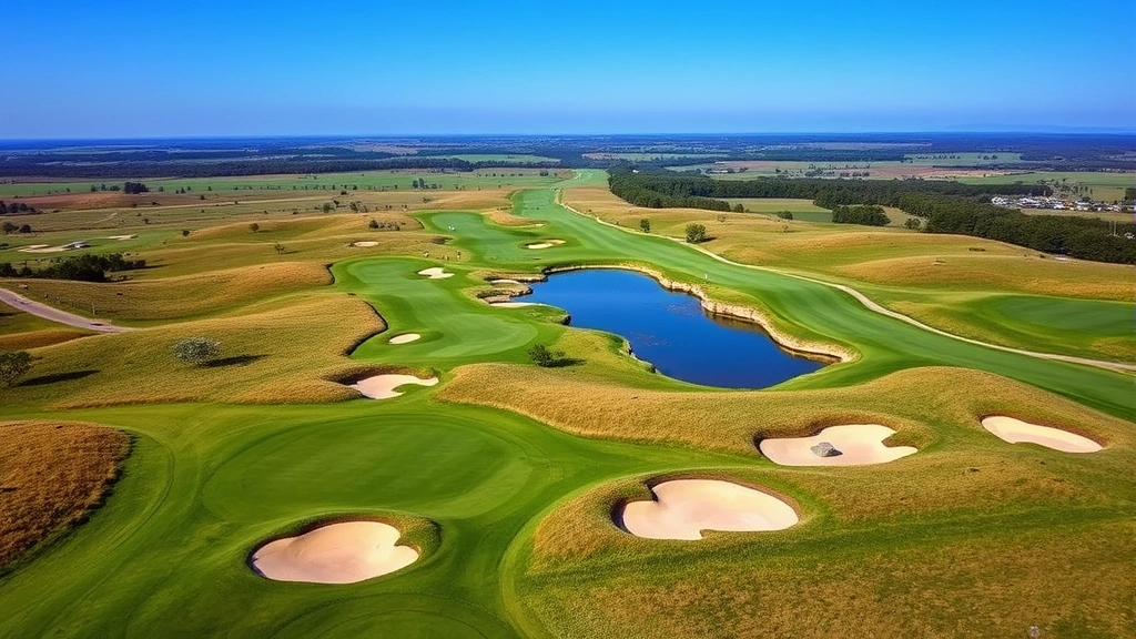 Scenic overhead view of golf course landscape featuring rolling terrain, strategically placed sand bunkers, natural water features, and lush fairways stretching toward horizon