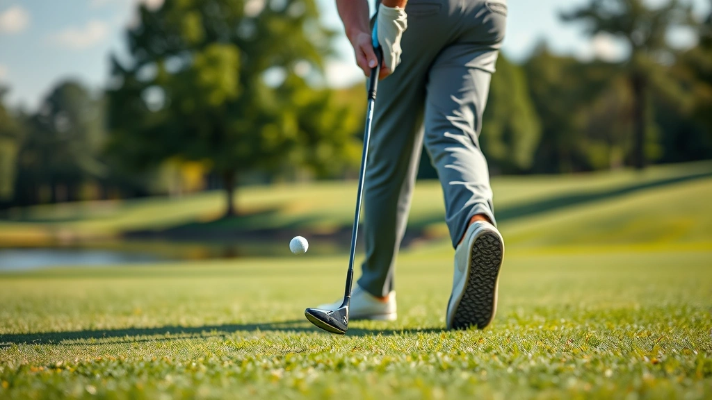 Close-up of a golfer mid-swing on a lush fairway, focus on the golf ball trajectory, green trees and water feature visible in the soft-focus background, professional golf photography style