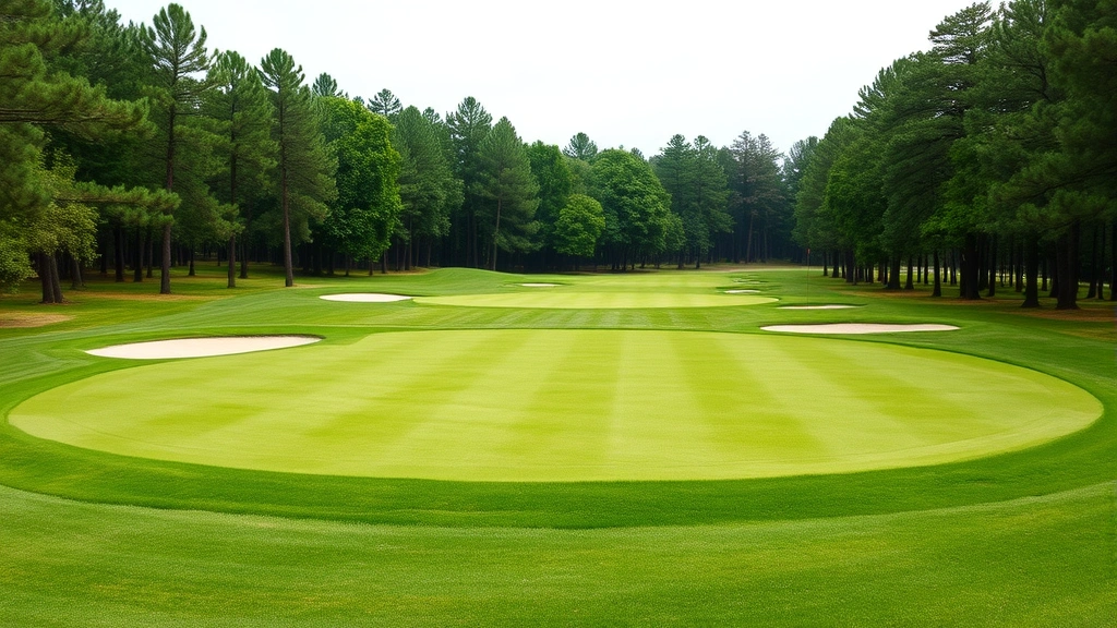 Pristine golf course green complex with carefully groomed putting surface, surrounding rough areas, sand bunkers, and mature trees creating beautiful natural golf environment