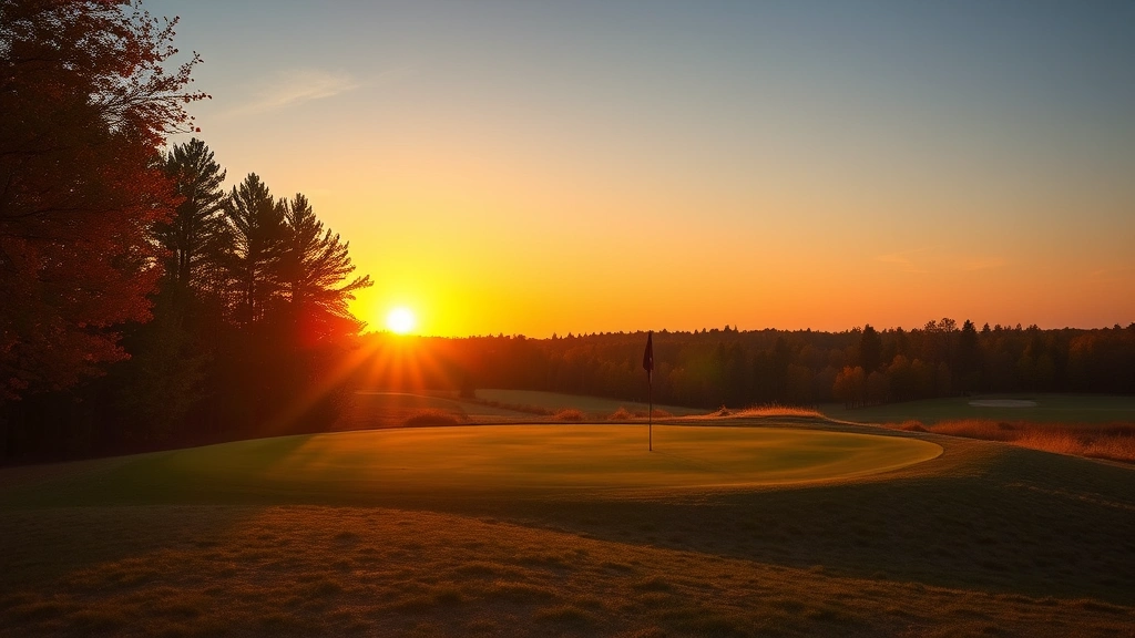 Sunset view over a golf green with flag visible, autumn-colored trees surrounding the course, golden hour lighting creating warm tones across the fairway and rough, serene landscape composition