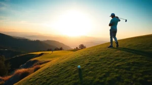 Golfer addressing ball on steep uphill slope with elevated fairway and valley backdrop, golden hour lighting, realistic golf course setting