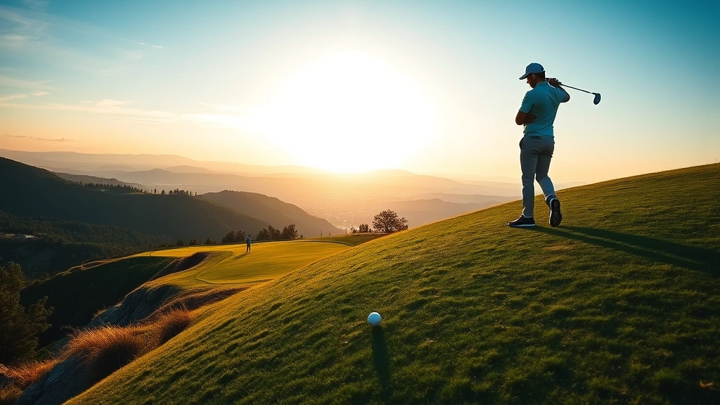 Golfer addressing ball on steep uphill slope with elevated fairway and valley backdrop, golden hour lighting, realistic golf course setting