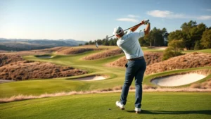Professional golfer mid-swing at scenic elevated golf course with rolling terrain and strategic bunkers, natural daylight, focus on form and technique