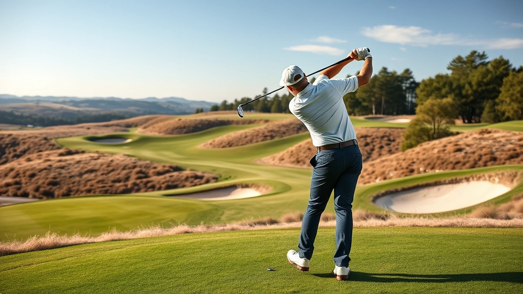 Professional golfer mid-swing at scenic elevated golf course with rolling terrain and strategic bunkers, natural daylight, focus on form and technique