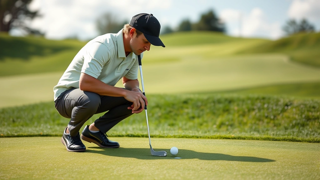 Golfer analyzing green with detailed study of slope and break, crouching near putting surface, concentration and strategic planning evident, natural course setting