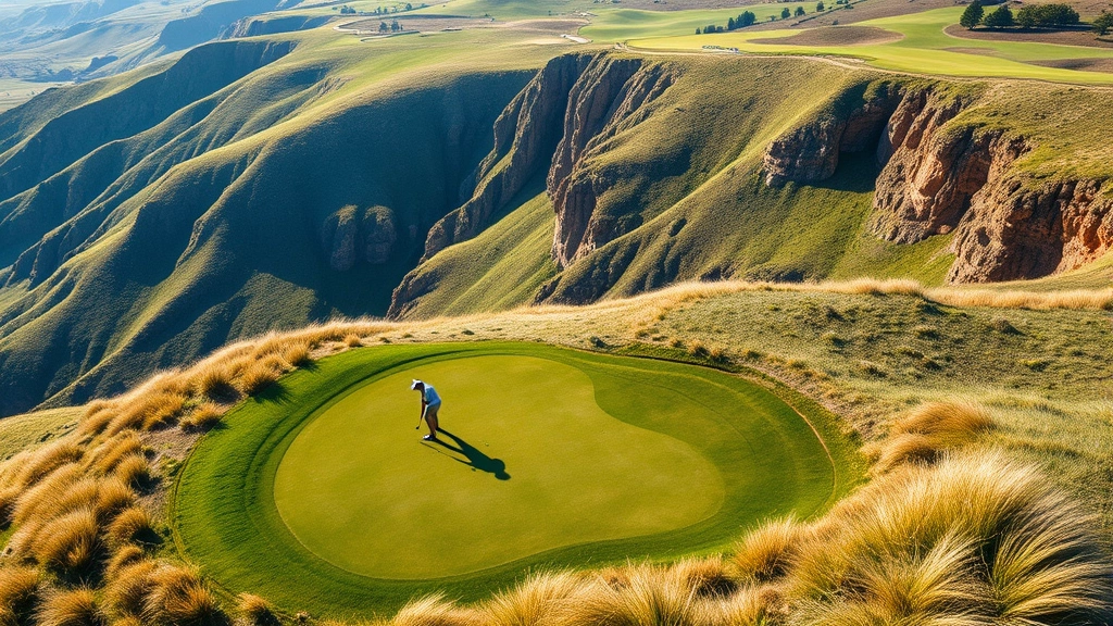 Aerial view of elevated green on bluffs course with golfer putting, surrounding landscape showing elevation changes and wind-affected grass movement