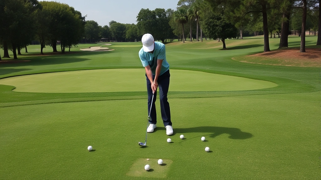 Golfer practicing short game near green with multiple balls and wedges scattered, demonstrating deliberate practice routine, professional instruction setting visible