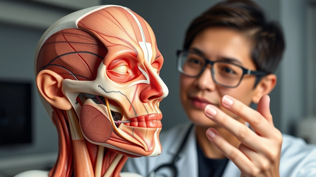 Healthcare professional performing precise facial anatomy study using detailed 3D anatomical model showing facial muscles, nerve pathways, and vascular structures under professional lighting in medical education setting