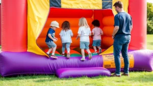 Children wearing socks and safety gear entering a colorful inflatable bounce house structure, supervised by an adult standing nearby on grass, daytime outdoor setting