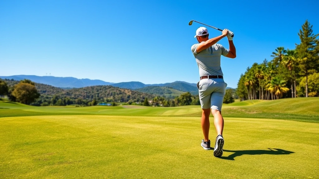 Professional golfer mid-swing on well-maintained fairway with beautiful natural landscape in background, clear blue sky, natural lighting