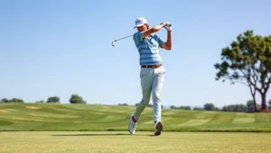 Golfer mid-swing on manicured fairway with lush green grass and clear blue sky, professional form and concentration