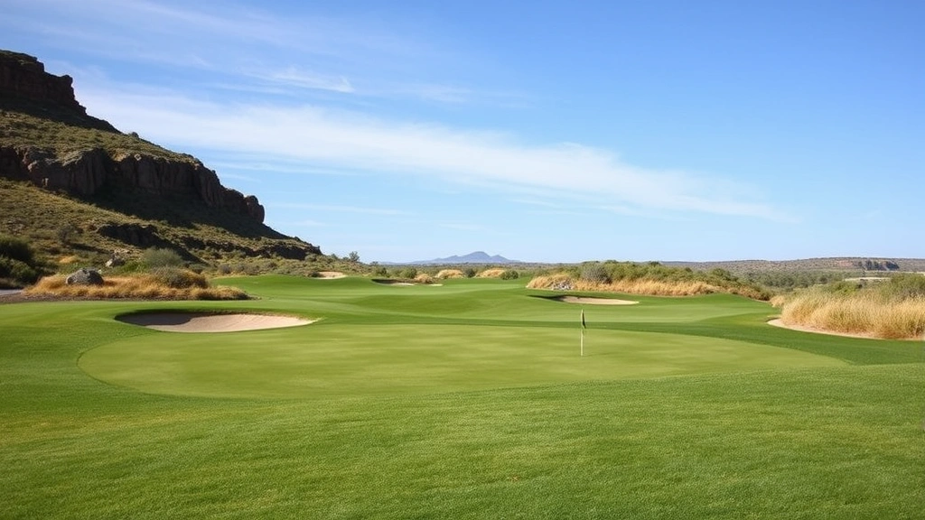 Scenic view of golf green with strategic bunkers and natural terrain features, manicured grass, golf course landscape architecture